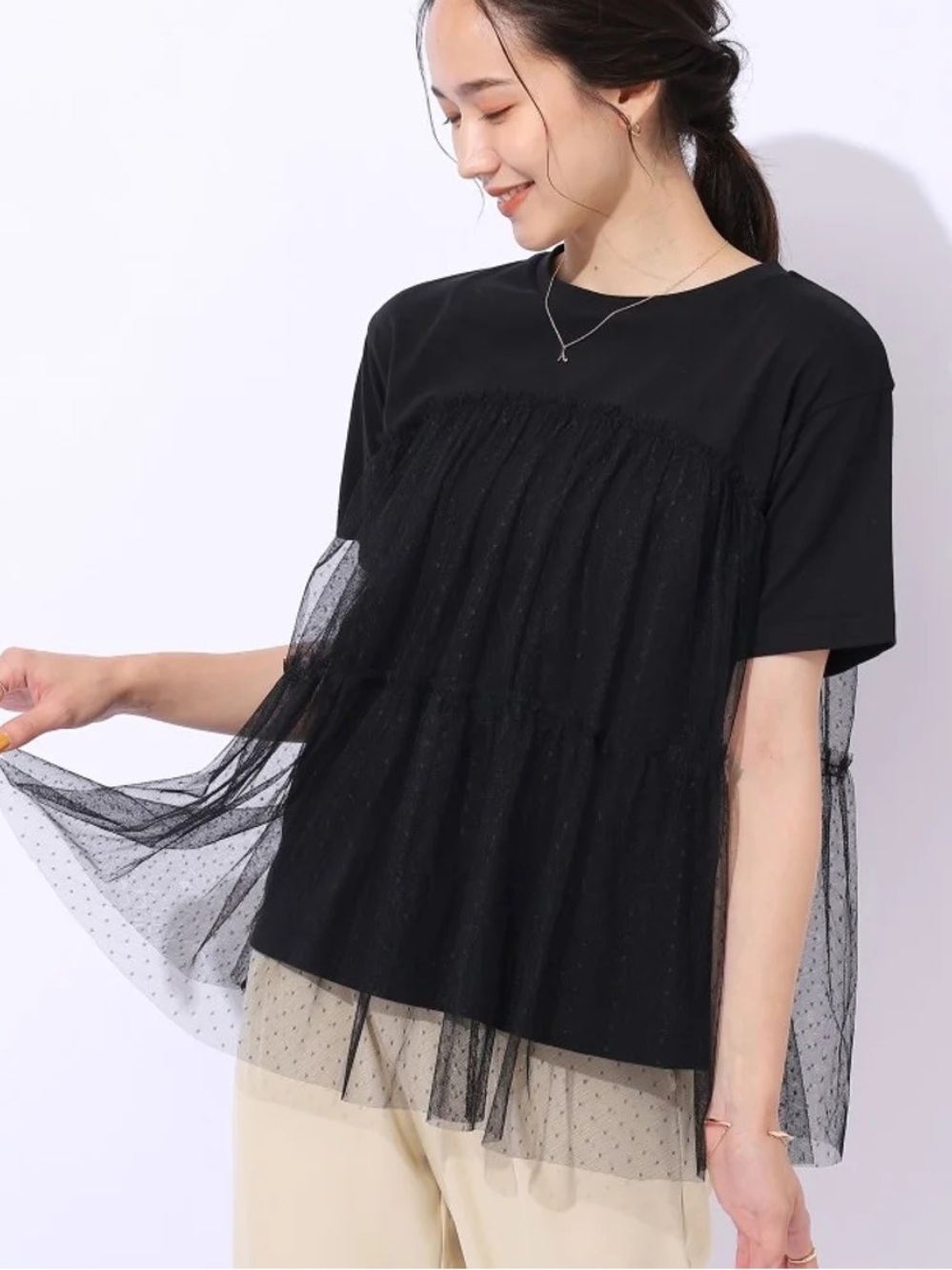 Japanese Black Sheer Tiered Mesh Short Sleeve Top